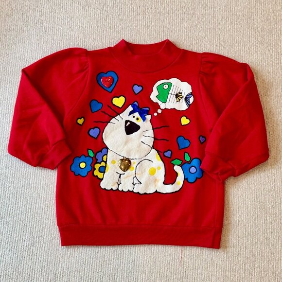 Vintage 80s 90s Buster Brown Kids Red Sweatshirt Cat Graphic Kawaii Size Small 6 - Picture 1 of 7